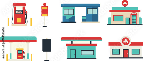 Set of modern gas station icons, petrol pump, service building, fuel energy design, transportation, automotive refueling, and oil industry illustration