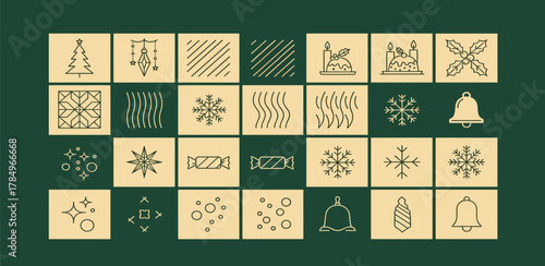 Collection of various decorative and festive icons including snowflakes, trees, stars, and bells on a dark green background