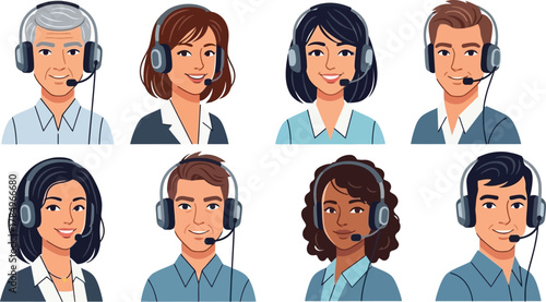 Diverse group of customer service representatives wearing headsets
