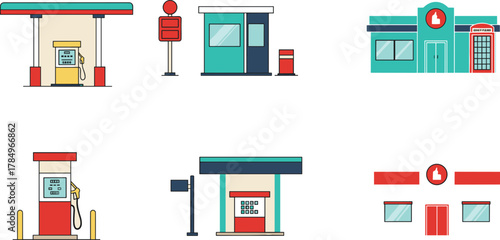 Set of modern gas station icons, fuel pump, service building, petrol station design, energy concept, transportation, and automotive illustration