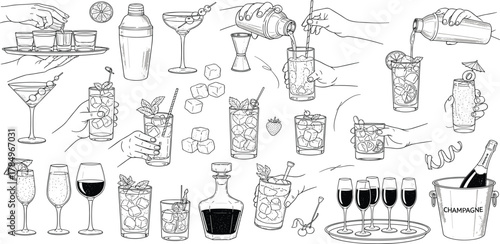 Mixology Art Hand-drawn illustrations detailing the craft of cocktail preparation, featuring various drinks, essential bar tools, and the art of serving