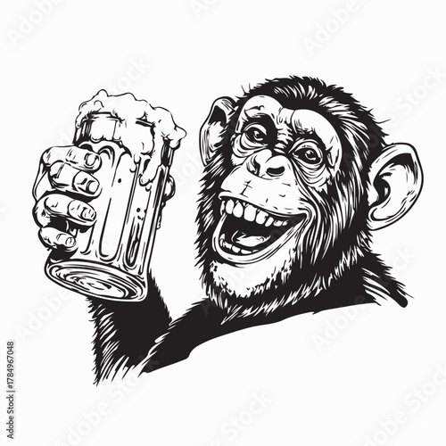 Happy Monkey Holding Beer Mug Vector Design on white background