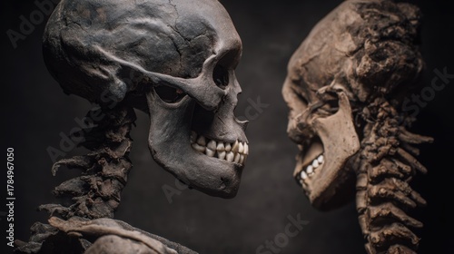 Two Ancient Human Skulls Facing Each Other in a Dark Setting