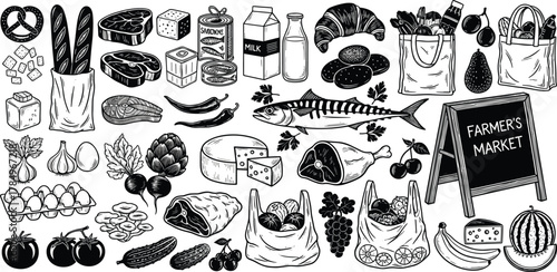 Farmers Market Bounty Fresh Produce, Meats, and Dairy in a Detailed Engraved Illustration
