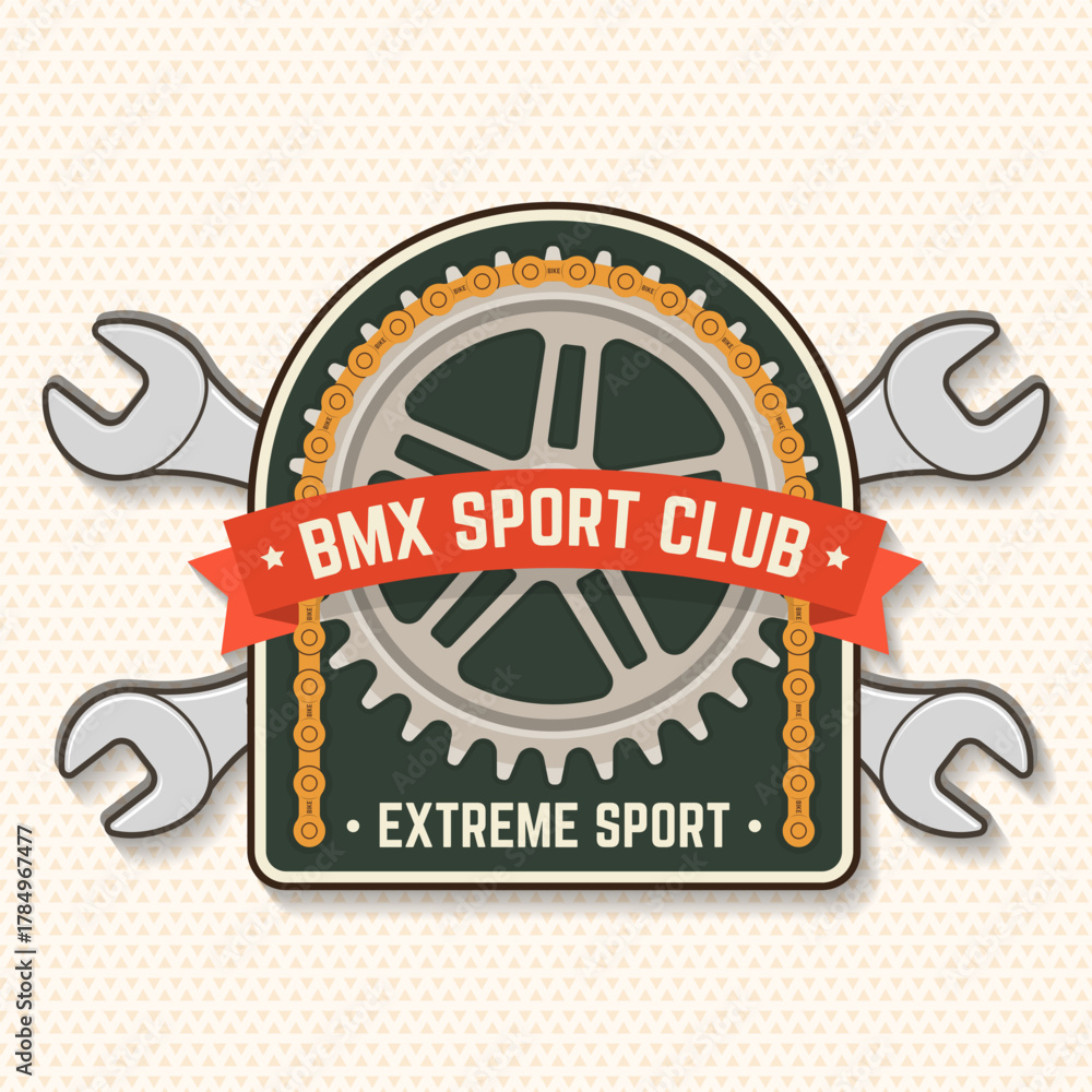 Fototapeta premium Bmx extreme sport club badge, patch, sticker. Vector illustration. Concept for shirt, logo, print, stamp, tee with sprocket, chain. Vintage typography design with wrench, bmx sprocket and chain