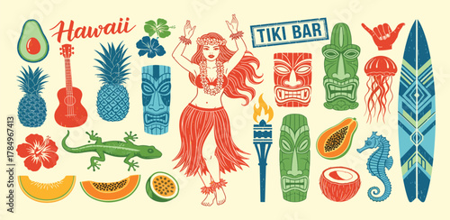 Tropical Hawaiian Tiki Bar Party Scene with Hula Dancer, Surfboard, and Exotic Fruits, Capturing Island Paradise Vibes