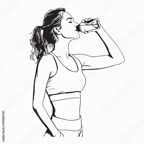 Healthy Female Drinking Water After Workout Vector Illustration