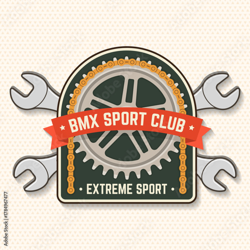 Bmx extreme sport club badge, patch, sticker. Vector illustration. Concept for shirt, logo, print, stamp, tee with sprocket, chain. Vintage typography design with wrench, bmx sprocket and chain