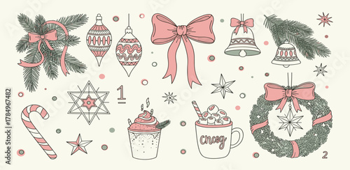 Hand-drawn collection of vintage Christmas and New Year elements. Festive holiday doodles including decorations, ornaments, sweets, and wreaths