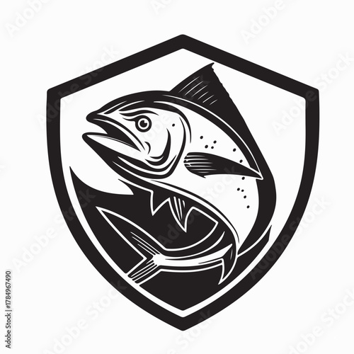 Mahi Mahi Fish Logo in Shield Vector Design isolated on white background
