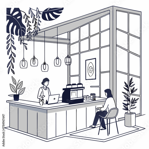 Modern coffee shop interior with barista and customer at counter