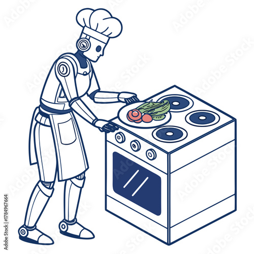 Robot chef preparing a healthy meal on a stove