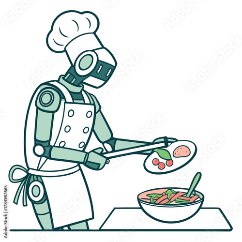 Robot chef preparing food in a kitchen with a chef hat and apron