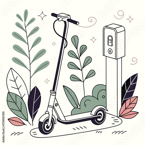 Electric scooter parked next to a charging station surrounded by stylized plants