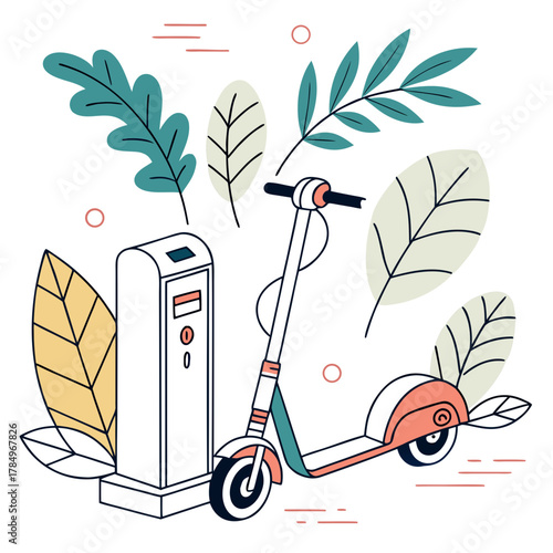 Electric scooter parked at a charging station surrounded by stylized leaves