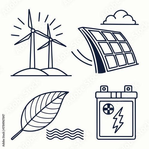 Set of icons representing renewable energy sources and storage