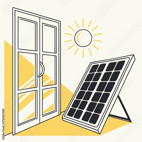 Solar panel and sun near a glass door with yellow accents