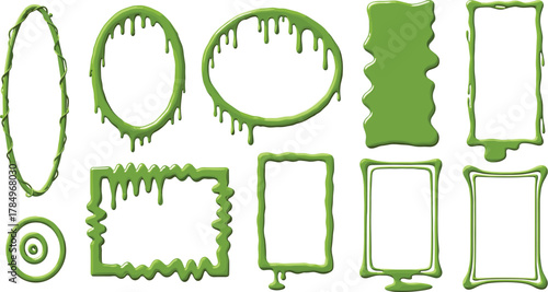 Vector set of green dripping slime frames, gooey borders, and oozy liquid shapes isolated on a white background for creative design