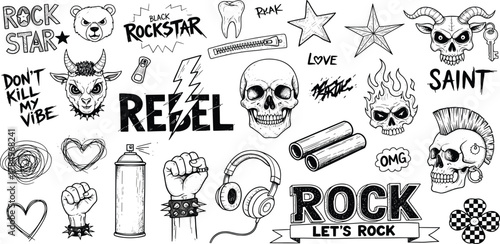 Grunge Rock and Rebellion Hand-Drawn Vector Elements for Edgy Designs