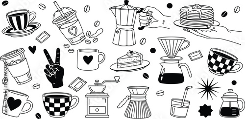 Collection of Coffee Drinks and Treats Doodle Art