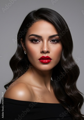 Portrait of a beautiful woman with dark wavy hair and bright red lipstick posing elegantly against a neutral background for a beauty or fashion shoot