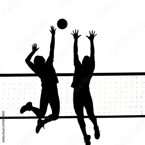 Dynamic volleyball action featuring two players leaping for a powerful spike at the net in a competitive match, perfect for sports marketing and athletic themes