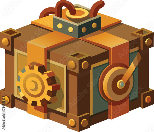 Steampunk treasure chest with gears and pipes on white background