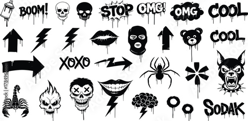 An electrifying collection of graffiti-inspired vector elements, featuring bold dripping skulls, arrows, and expressive text, ideal for urban design and striking visual compositions