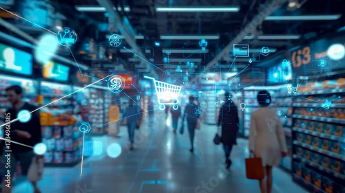 Smart retail shoppers walking through a modern grocery aisle enhanced with digital network elements and glowing technology interfaces