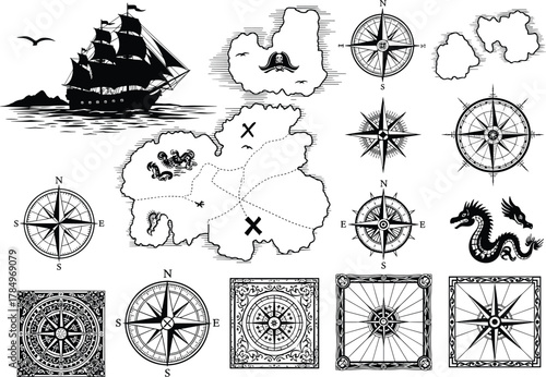Flat vector vintage nautical map illustration, sailing ship silhouette, compass rose design, sea serpent drawing, treasure island adventure concept