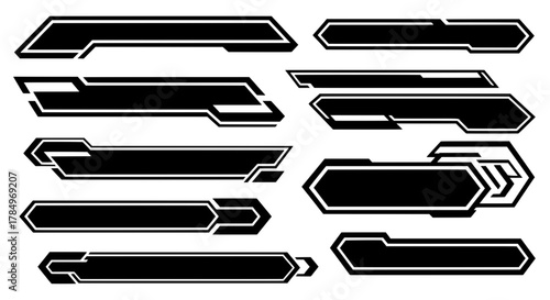 A set of modern black and white futuristic banners. Abstract geometric shapes for tech HUD display, game UI, or streaming lower thirds. Vector graphic.