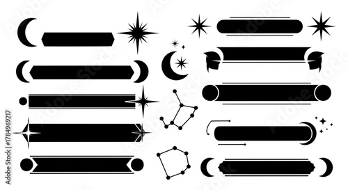 A collection of mystical black banners and title bars. Features celestial elements like the moon, stars, and constellations for fantasy or astrology themes.