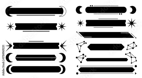 A mystical collection of black title bars and banners. Decorated with celestial symbols like the moon, stars, and constellations for a magical fantasy theme.