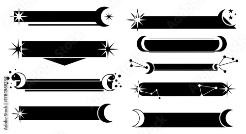 A set of mystical black banners featuring celestial elements like the moon, stars, and constellations. Perfect for fantasy titles or astrology themes.