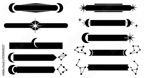 Set of magical lower thirds and title bars. Vector graphics of cosmic symbols like the moon, stars, and constellations for astrology or fantasy themes.