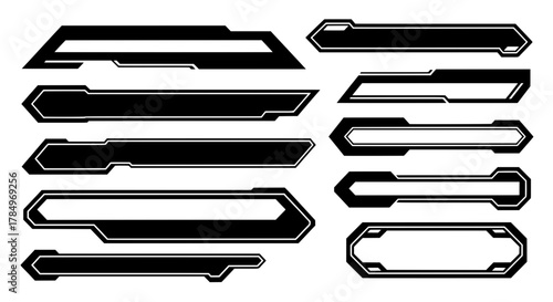 A collection of modern black and white lower third templates and title banners for gaming UI, streaming overlays, or futuristic HUD interface design.