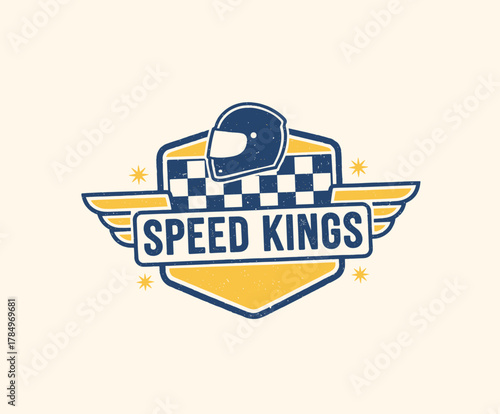 Retro Speed Kings Racing Badge. Motorsport Helmet Emblem Design. Vintage Racing Club Vector Logo. Distressed Speed Label Artwork. Chequered Flag Winge
