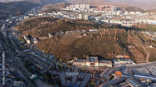 Aerial shot of Kumbum Monastery in Xining, Qinghai, a Tibetan Buddhist monastery