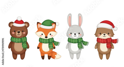 Adorable forest animals wearing festive winter hats and scarves, ready for the holidays.