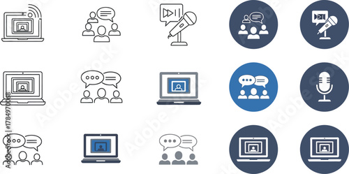 Digital communication icons representing online meetings, discussions, and presentations