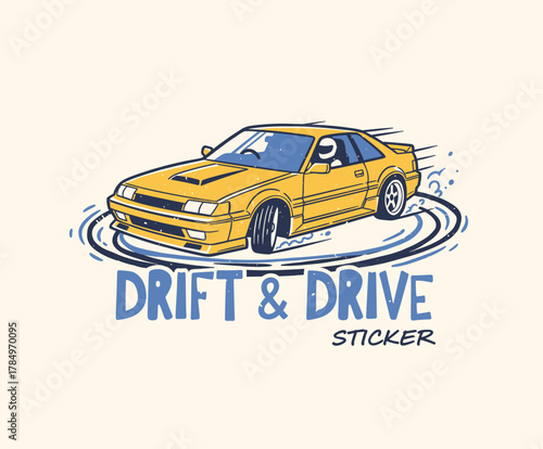 Retro drift car illustration. Yellow coupe drifting design. Motorsport vehicle graphic. Street racing vector art. Automotive speed sticker
