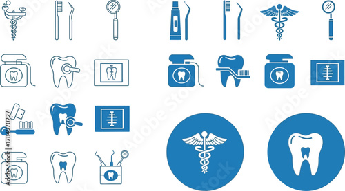 Collection of dental care icons and symbols representing oral hygiene and health.