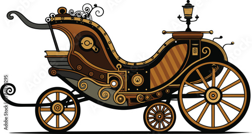 Ornate steampunk carriage with intricate details and large wheels