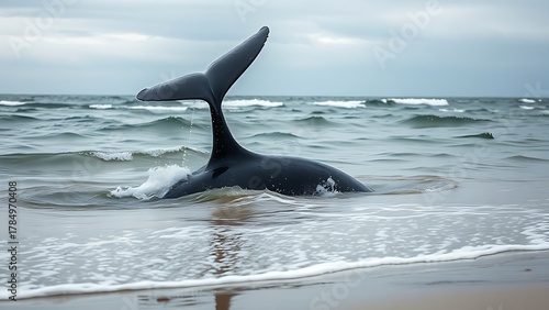motherliness. Beached whale with tail fin splashing in shallow water under overcast sky. wildlife magazines, conservation campaigns, designed for eco-tourism storytelling.