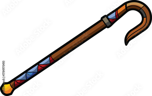 Stylized wooden cane with decorative banding and hooked handle