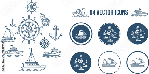 Nautical icons and vector elements featuring ships, anchors, and steering wheels for maritime themes.