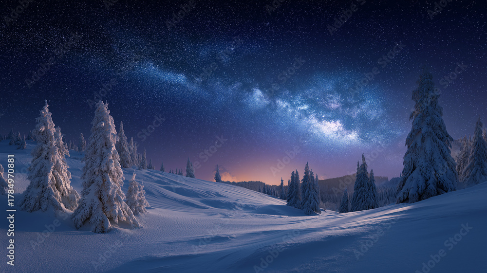 Obraz premium Winter, christmas winter, snowfall in winter snowy winter landscape under a starry night sky with the milky way visible above snowcovered trees and rolling hills