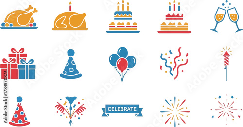Festive celebration icons for holidays, birthdays, and special events
