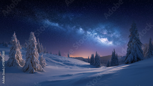 Winter, christmas winter, snowfall in winter snowy winter landscape under a starry night sky with the milky way visible above snowcovered trees and rolling hills