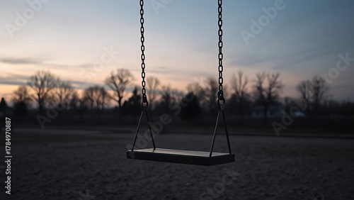 alluding. An empty swing moving gently in the breeze on a deserted playground at dusk. wellbeing guides, coaching materials, designed for mental health education and mindfulness programs.